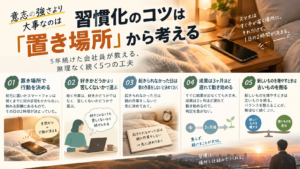 習慣化のコツを、意志の強さではなく置き場所・苦しくない作業・失敗した日のルールなど5つの工夫として整理した図解