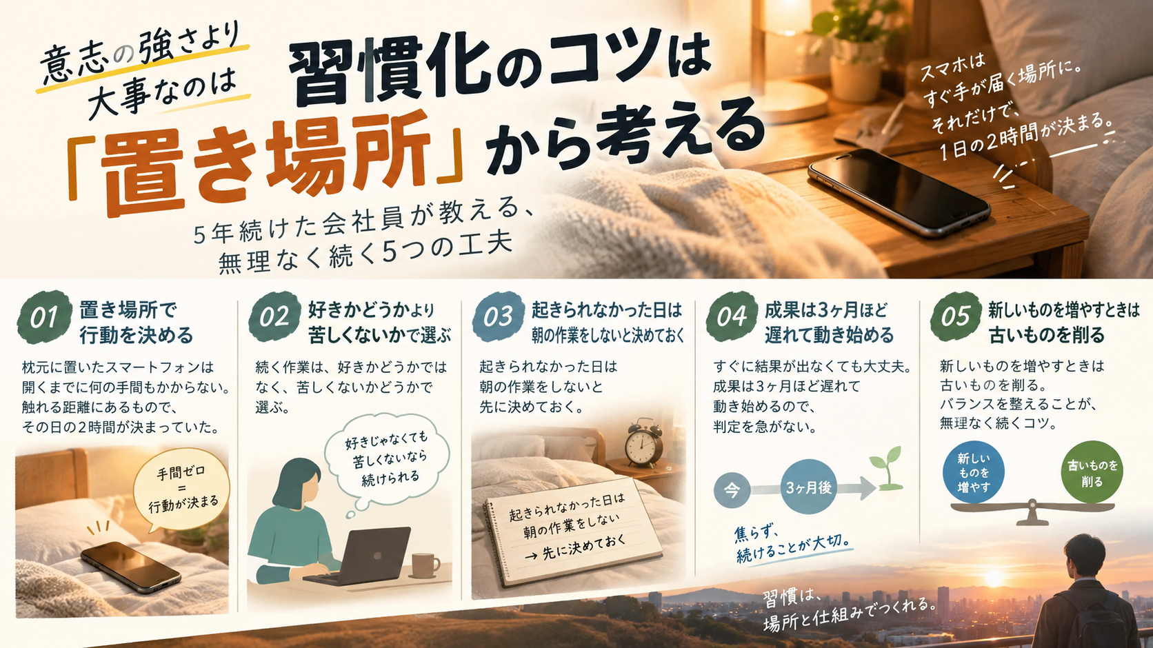 習慣化のコツを、意志の強さではなく置き場所・苦しくない作業・失敗した日のルールなど5つの工夫として整理した図解