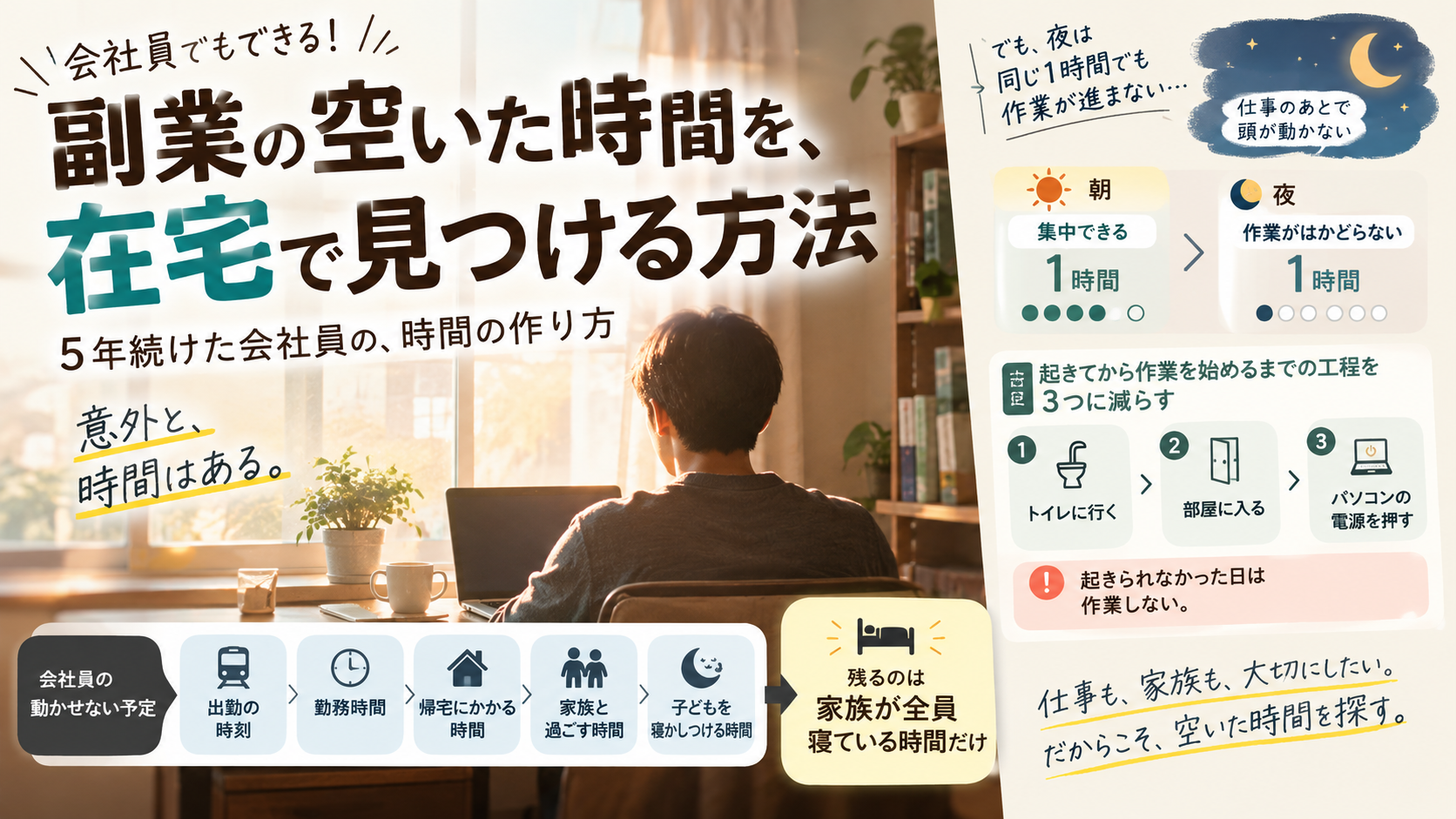 副業の空いた時間を在宅で作る方法を、動かせない予定を引き算して残った朝の時間として整理した図解