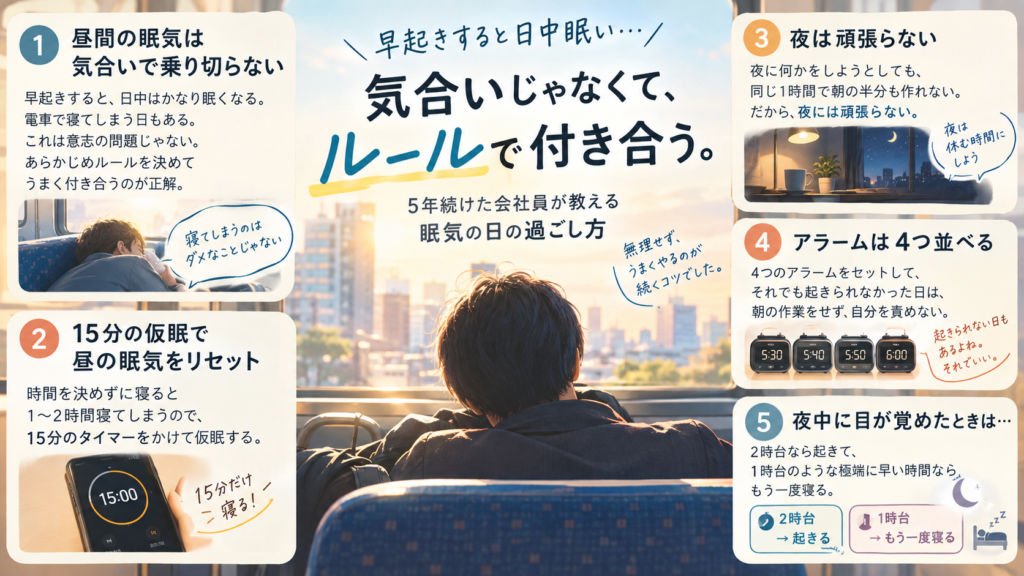 早起きで日中眠くなる日に、15分のタイマー仮眠や起きられない日のルールで乗り切る方法を整理した図解
