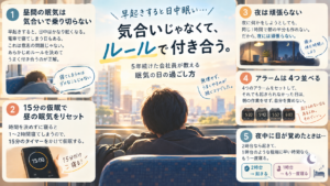 早起きで日中眠くなる日に、15分のタイマー仮眠や起きられない日のルールで乗り切る方法を整理した図解