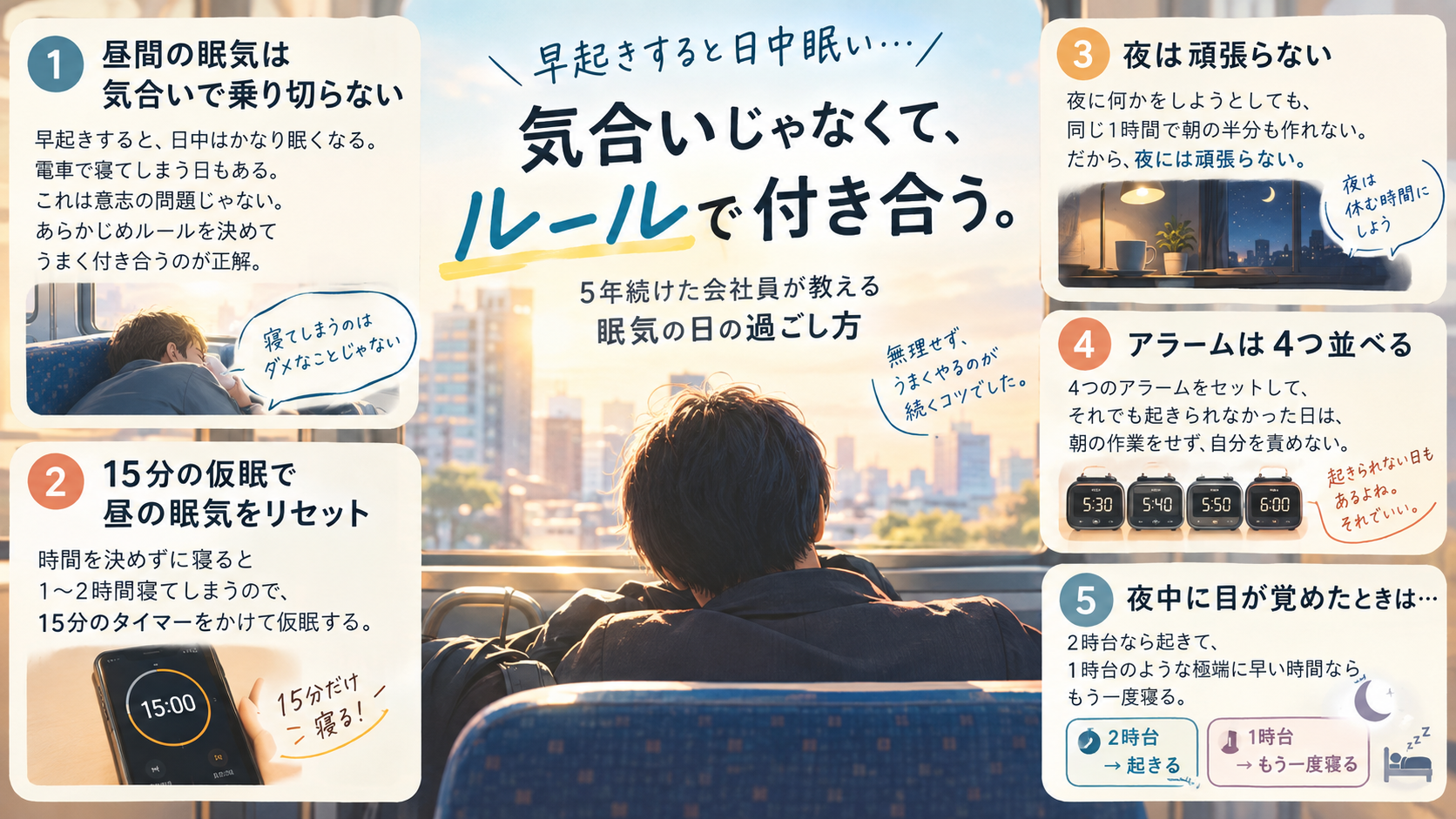 早起きで日中眠くなる日に、15分のタイマー仮眠や起きられない日のルールで乗り切る方法を整理した図解