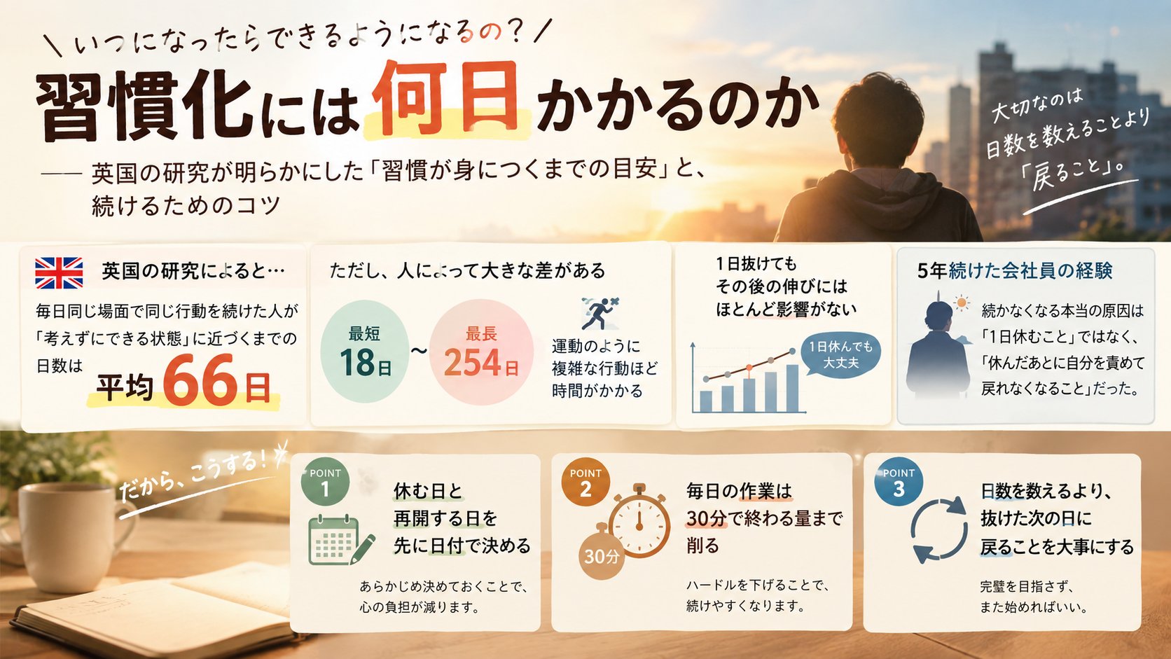 習慣化に何日かかるかを示した研究の平均66日と、人によって18日から254日まで差があること、1日抜けても戻れば続くことを整理した図解