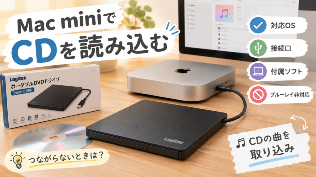 ロジテックの外付けDVDドライブをMac miniにつなぐ方法と、認識しないときの確認手順をまとめた図解