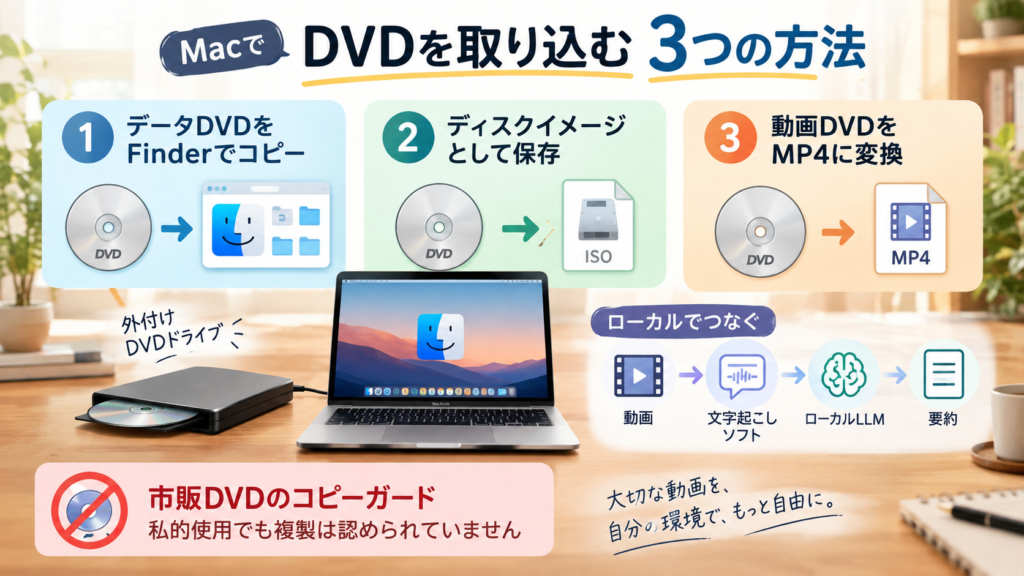 MacにつないだDVDドライブからデータDVDやイメージファイルを取り込み、ローカルLLMで文字起こしにつなげる流れを示した図解