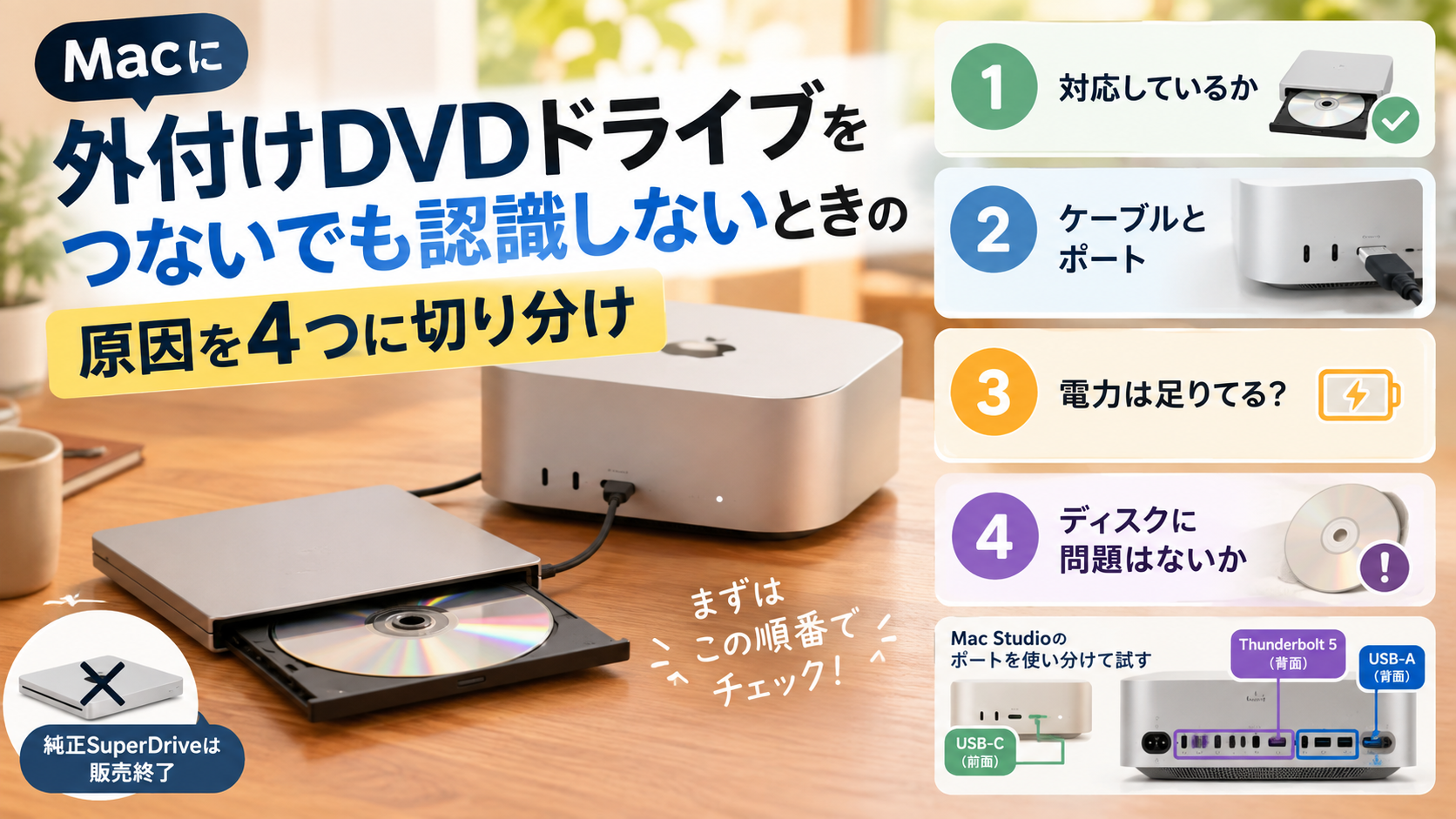 Macに外付けDVDドライブをつないでも認識しないとき、ポート・電力・ディスクの順に原因を切り分ける手順を示した図解