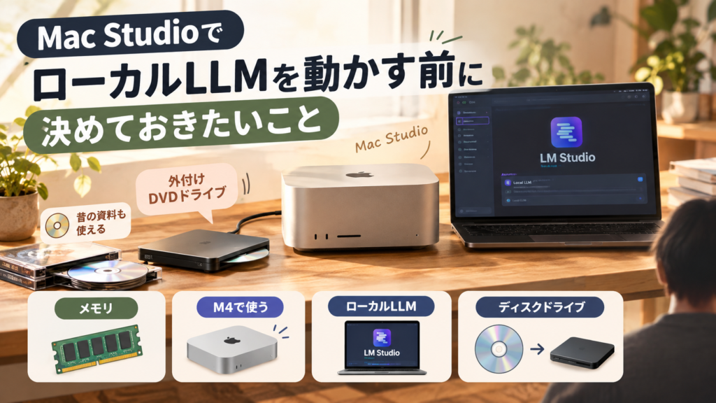 Mac Studioでローカルllmを動かすためのメモリ容量の目安と、ディスクドライブがない問題をまとめた図解