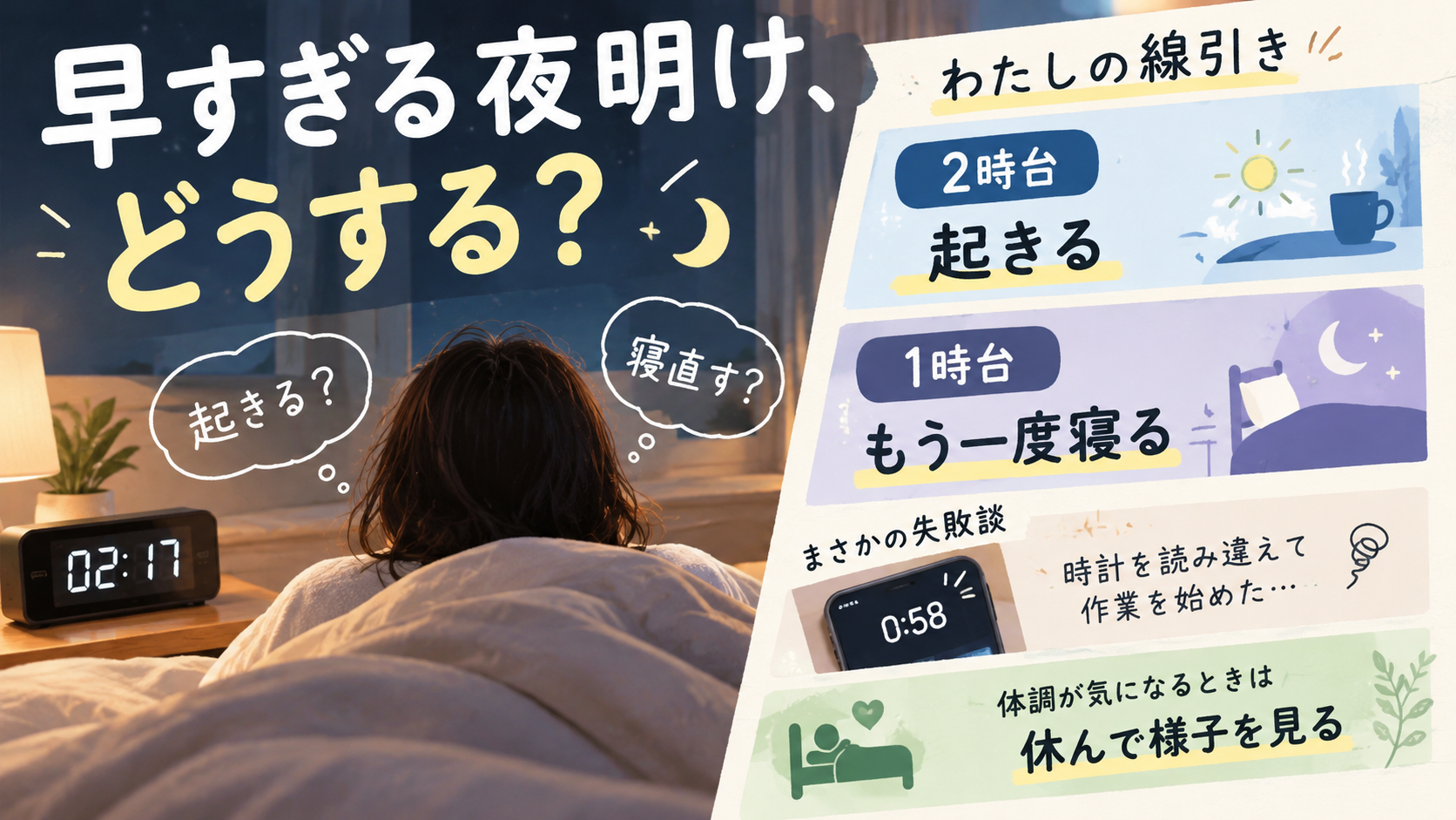 予定より早く夜中に目が覚めたとき、時刻で起きるか寝直すかを決める線引きを整理した図解