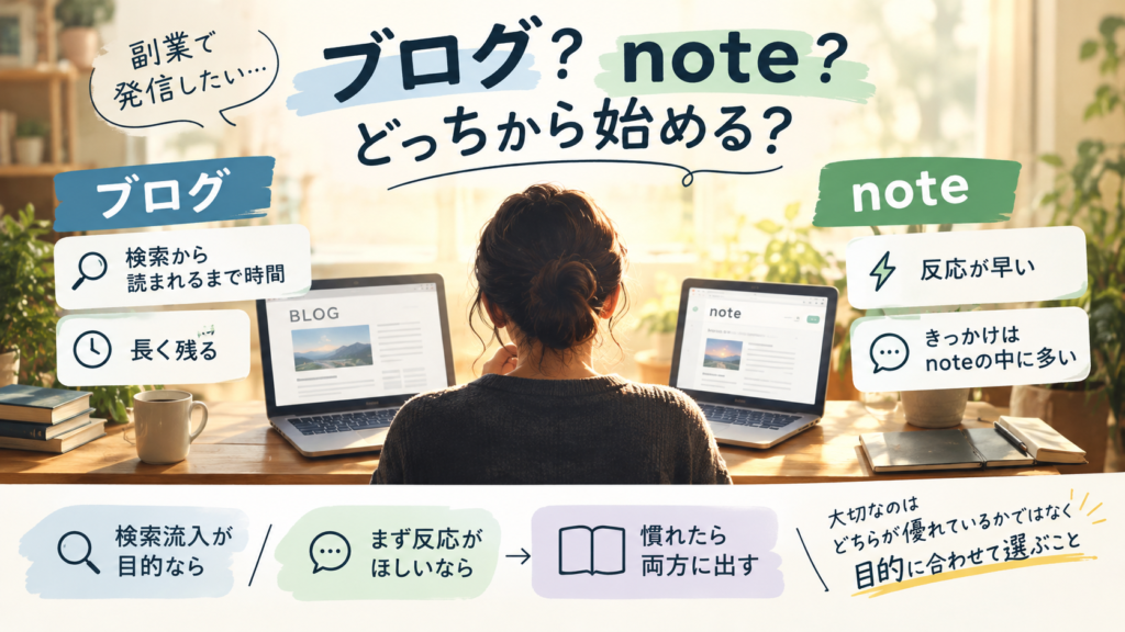 ブログとnoteのどちらで副業を始めるか迷う人に向けて、検索から読まれるブログと反応が返るnoteの違いを整理した図解