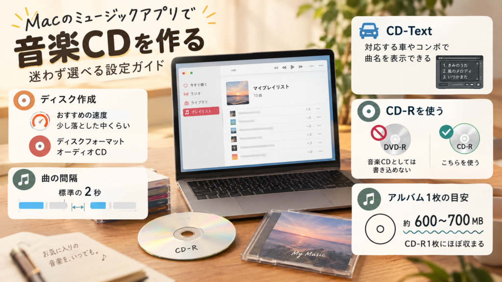Macのミュージックアプリで音楽CDを作るときの推奨速度とオーディオCDの設定を示した図解