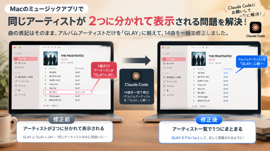 Macのミュージックでコラボ曲だけアーティスト名が別になり、アルバムアーティストを統一して1つにまとめる図解