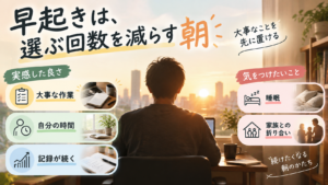 早起きのメリットを、時間が増えることではなく、選ぶ回数が少ない朝に大事な作業を置けることとして整理した図解
