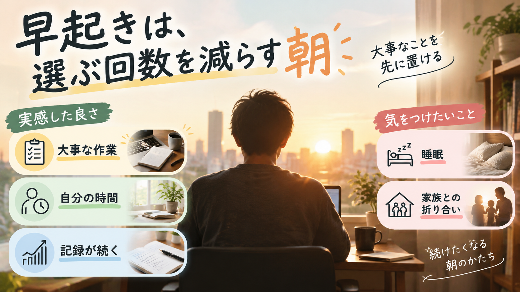 早起きのメリットを、時間が増えることではなく、選ぶ回数が少ない朝に大事な作業を置けることとして整理した図解
