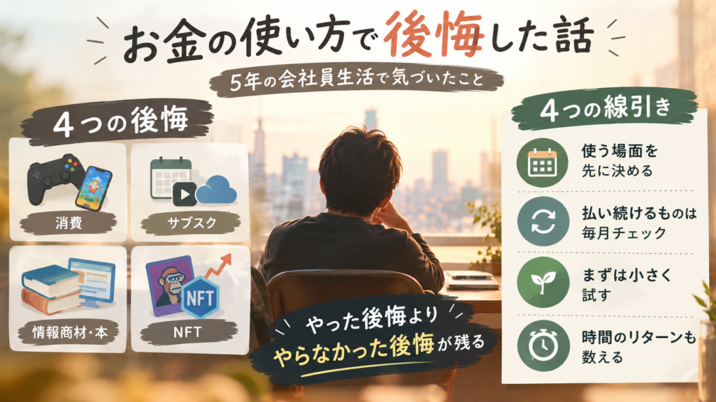 ゲーム課金・使わないサブスク・情報商材・NFTという4つの後悔したお金の使い方と、後悔を減らす線引きを整理した図解