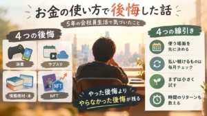 ゲーム課金・使わないサブスク・情報商材・NFTという4つの後悔したお金の使い方と、後悔を減らす線引きを整理した図解