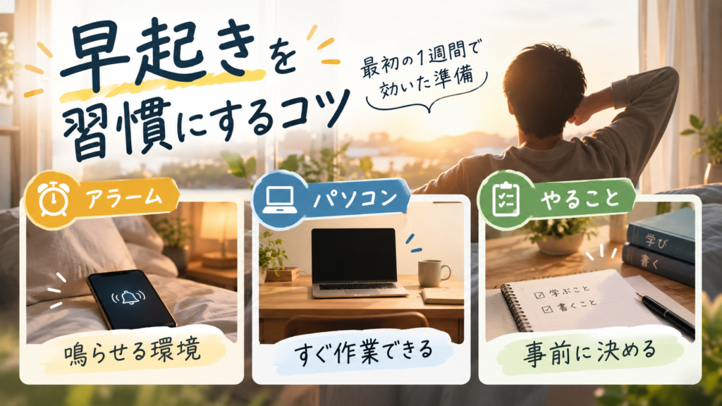 早起きを習慣化するために最初の1週間で効いた、アラーム・パソコンを出しておくこと・やることを決めておくことの3つの準備を整理した図解