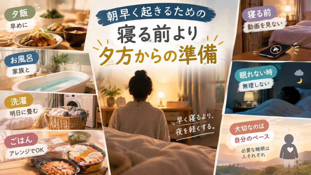 朝4時起きや3時起きの前の晩に、夕方から夕飯・お風呂・歯磨きを前倒しして21時に寝室へ向かう段取りを整理した図解