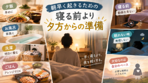 朝4時起きや3時起きの前の晩に、夕方から夕飯・お風呂・歯磨きを前倒しして21時に寝室へ向かう段取りを整理した図解