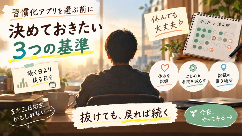 習慣化アプリを選ぶ3つの基準として、休んだ日を記録できること、戻る日を決められること、始めるまでの手間が少ないことを整理した図解