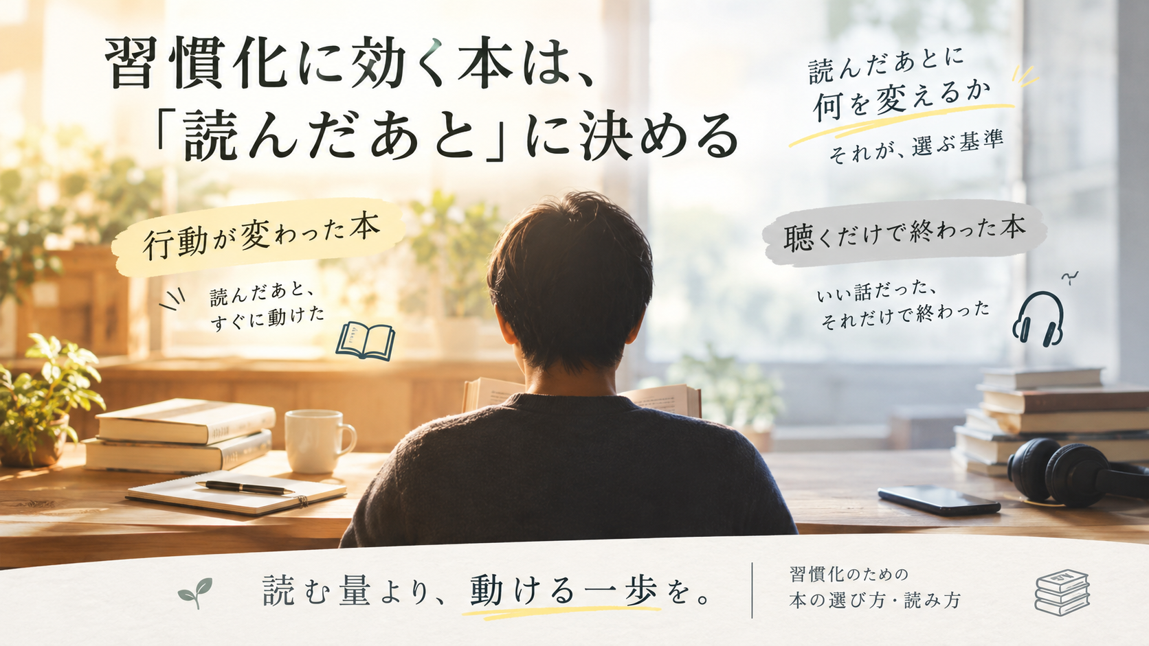 習慣化のおすすめ本を選ぶときの見方として、読んだあとに行動が1つ決まるか、続く形で手元に置けるかを整理した図解