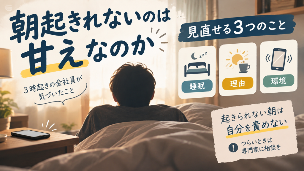 朝起きれないのは甘えかどうかを、睡眠・起きたあとの理由・アラームの環境の3つから見直す考え方を整理した図解
