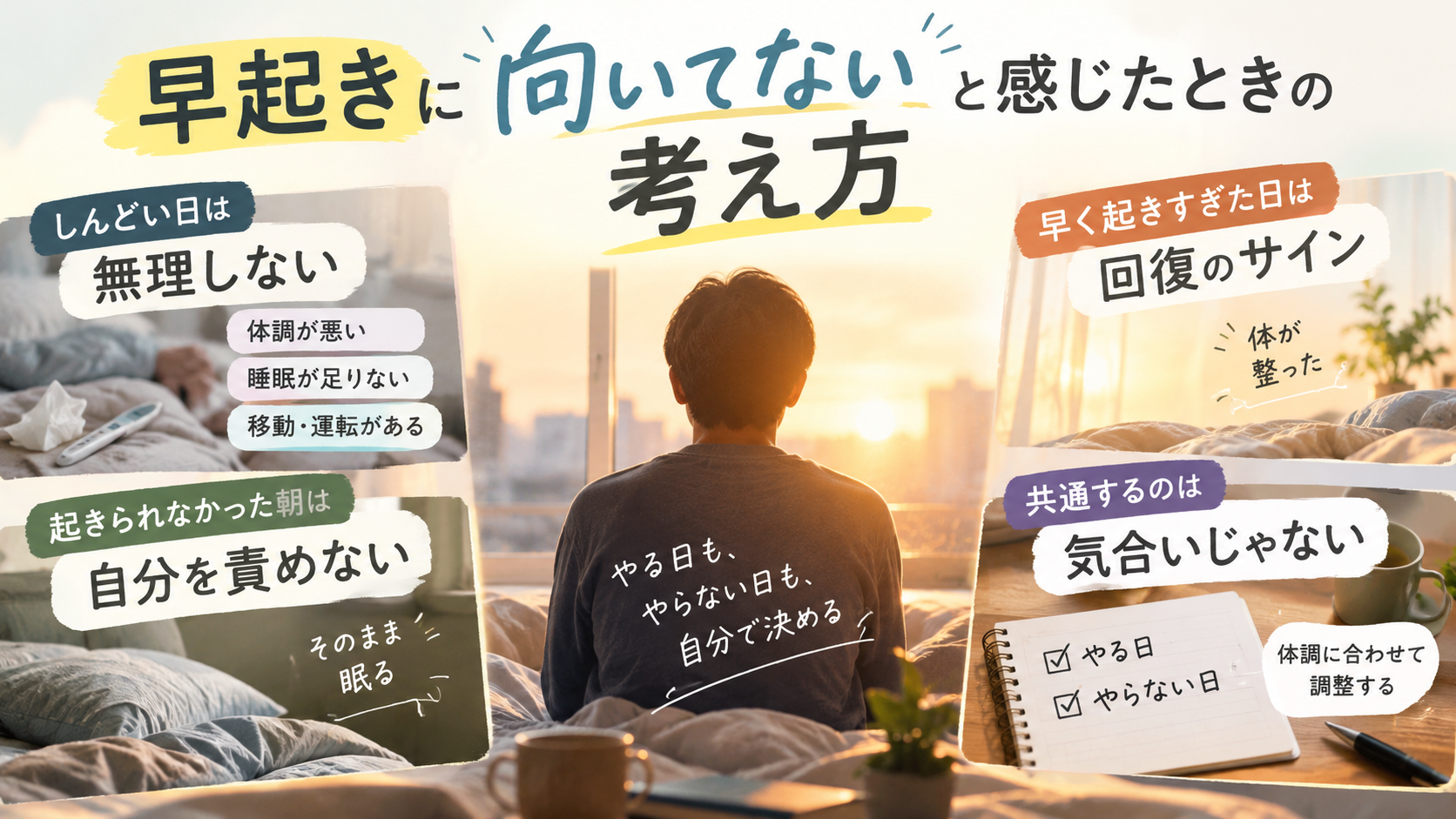 早起きに向いてないと感じたときに、無理に起きず、やらない日を先に決めておくという考え方を整理した図解