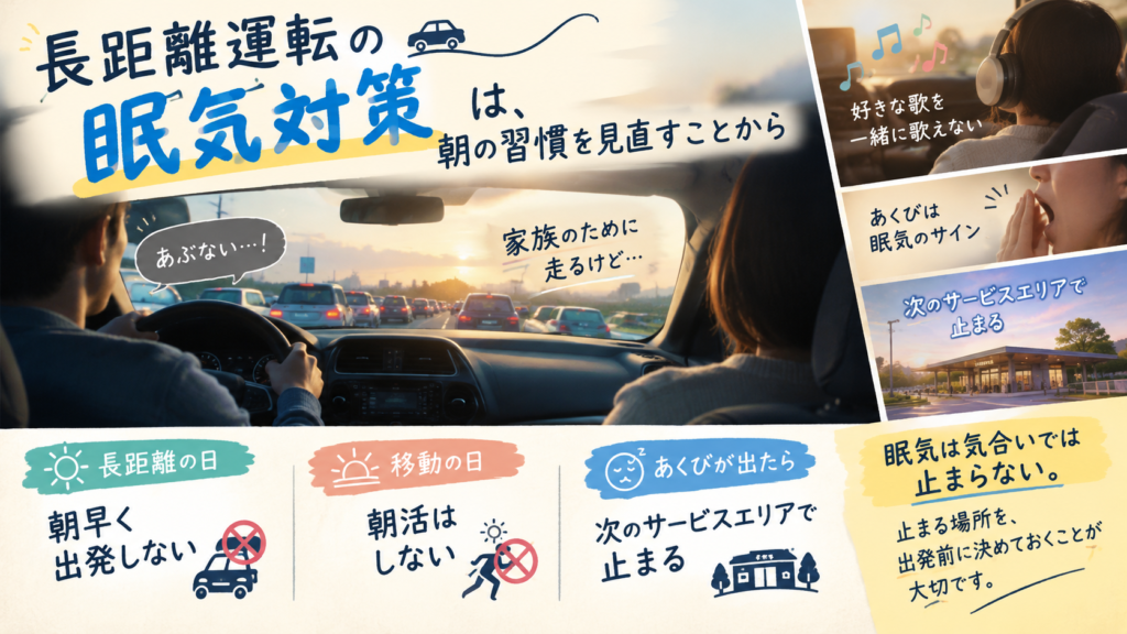 長距離運転の眠気対策として、朝早く出発しない、移動の日は朝活をしない、あくびが出たらサービスエリアで止まる、の3つを整理した図解