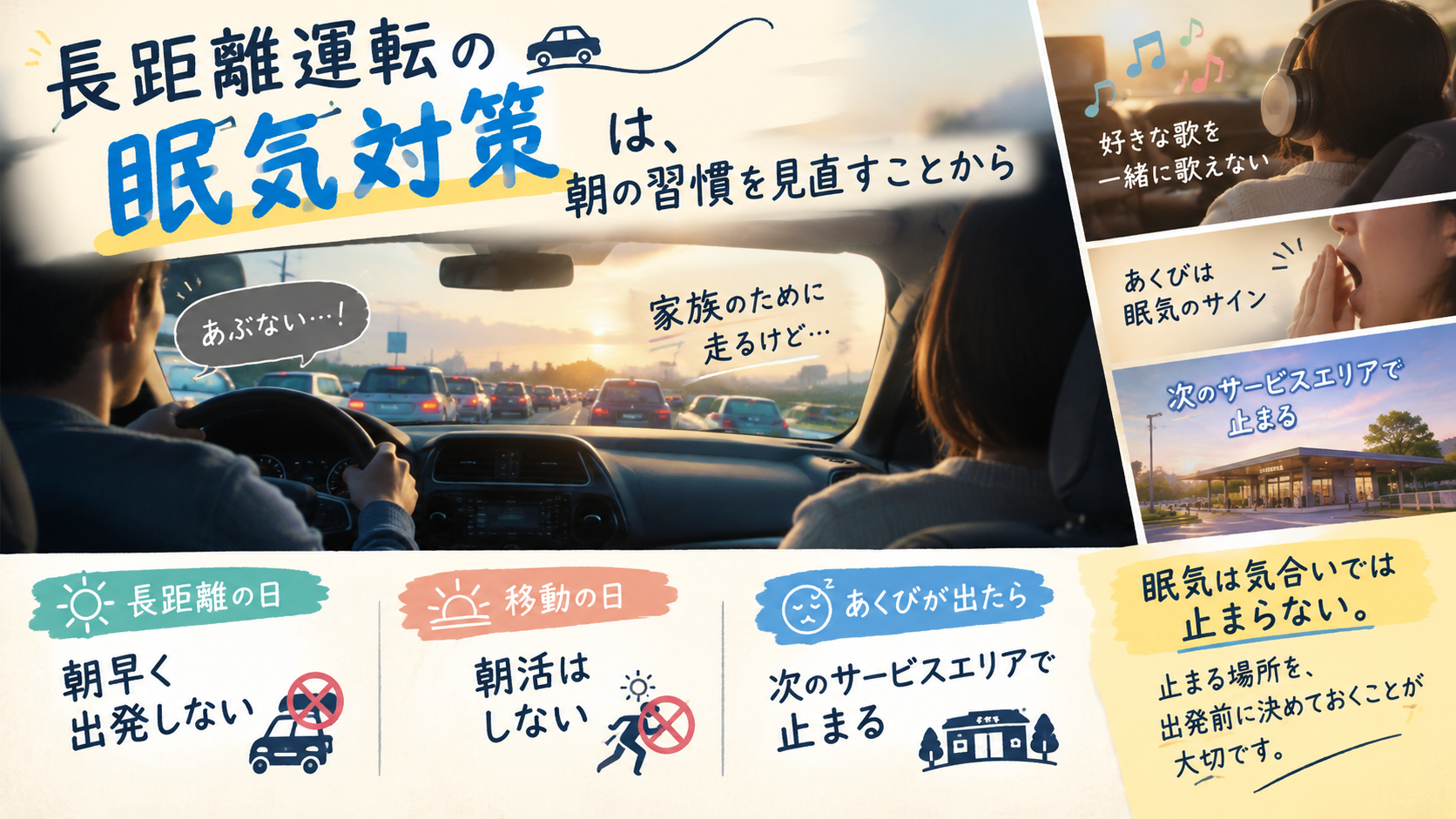長距離運転の眠気対策として、朝早く出発しない、移動の日は朝活をしない、あくびが出たらサービスエリアで止まる、の3つを整理した図解