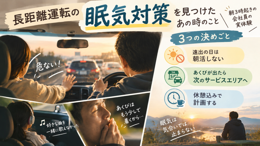 長距離運転の眠気対策として、遠出の日は朝活をしない、あくびが出たらサービスエリアで止まる、2時間おきの休憩込みで計画する、の3つを整理した図解