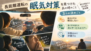 長距離運転の眠気対策として、遠出の日は朝活をしない、あくびが出たらサービスエリアで止まる、2時間おきの休憩込みで計画する、の3つを整理した図解
