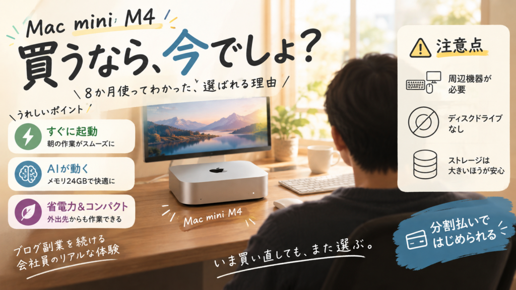 Mac mini M4を8か月使った体験から、後悔しなかった理由と、つけっぱなしにしてスマホから作業を動かす使い方を整理した図解