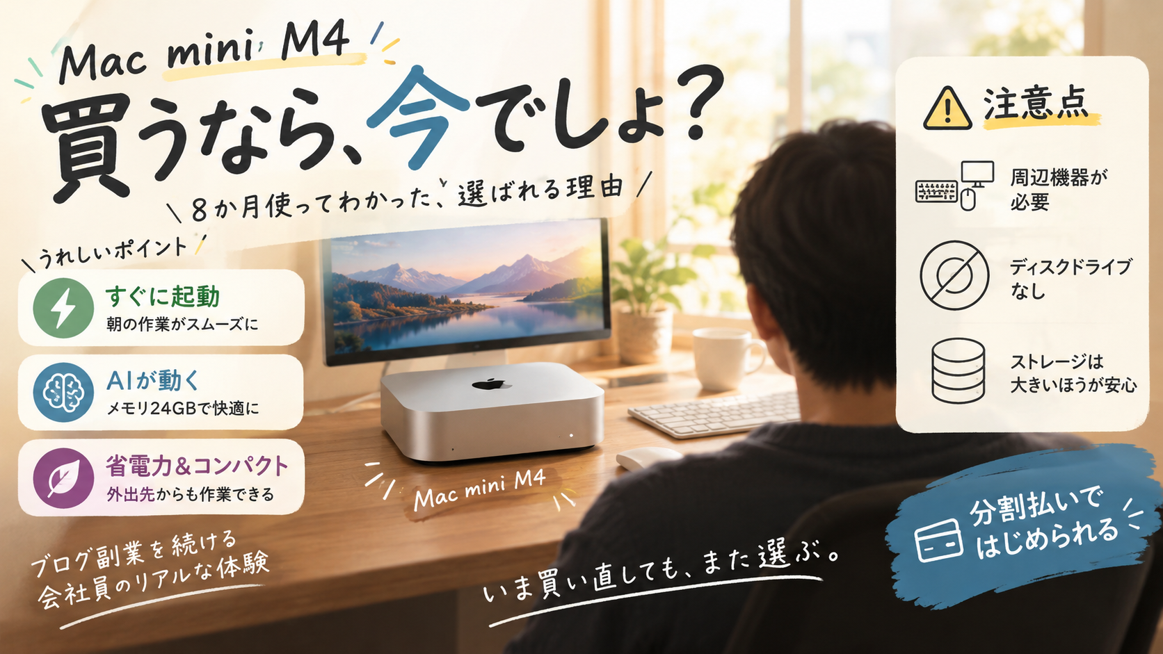 Mac mini M4を8か月使った体験から、後悔しなかった理由と、つけっぱなしにしてスマホから作業を動かす使い方を整理した図解