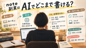 note副業でAIに任せること（文章にする作業）と、自分でやること（体験を渡す・題材を選ぶ・事実を確かめる）を左右に分けて整理した図解