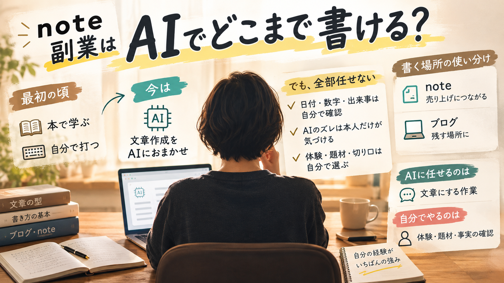 note副業でAIに任せること(文章にする作業)と、自分でやること(体験を渡す・題材を選ぶ・事実を確かめる)を左右に分けて整理した図解
