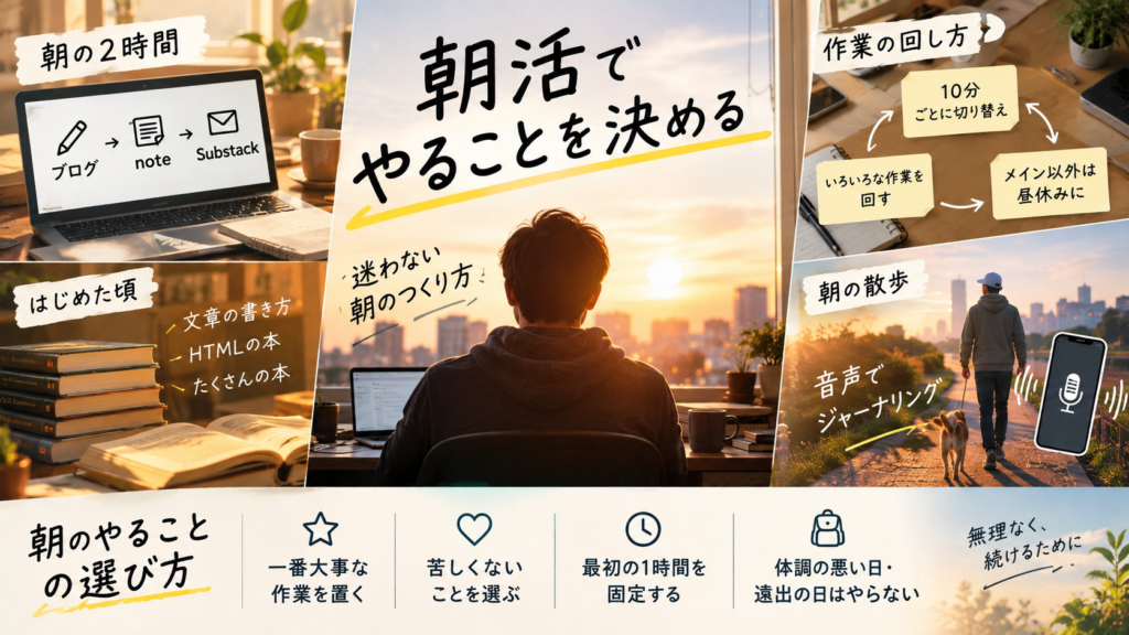 社会人の朝活で何をするかを、朝3時から5時の時間割（最初の1時間は書く作業、残りは10分ずつ、5時からは散歩しながら音声入力）と、やることの選び方で整理した図解