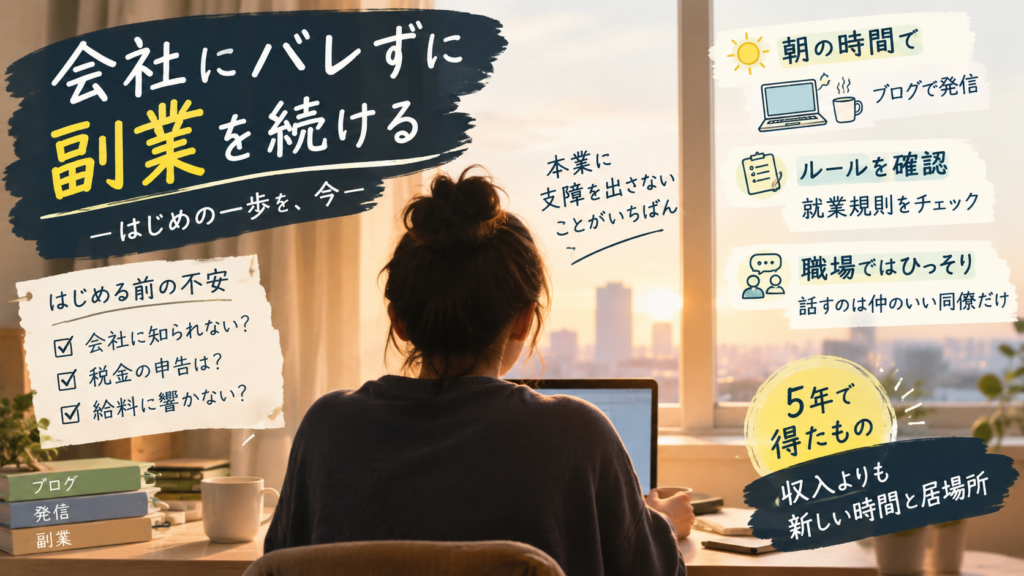 副業が会社員だとバレるのかという不安に対して、本業に支障を出さない、会社の決まりを確かめる、職場で話しすぎない、の3つを整理した図解