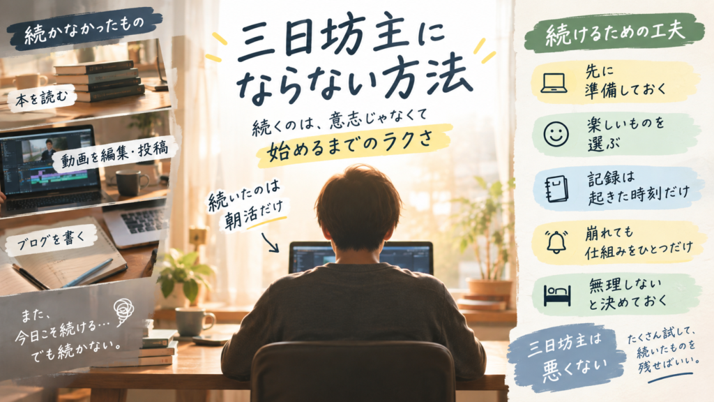三日坊主にならない方法として、前の晩に道具を出しておく、苦しくないものを選ぶ、休んだ理由を一言記録する、崩れた翌日に仕組みを1つ足す、休む日を先に決める、の5つを整理した図解