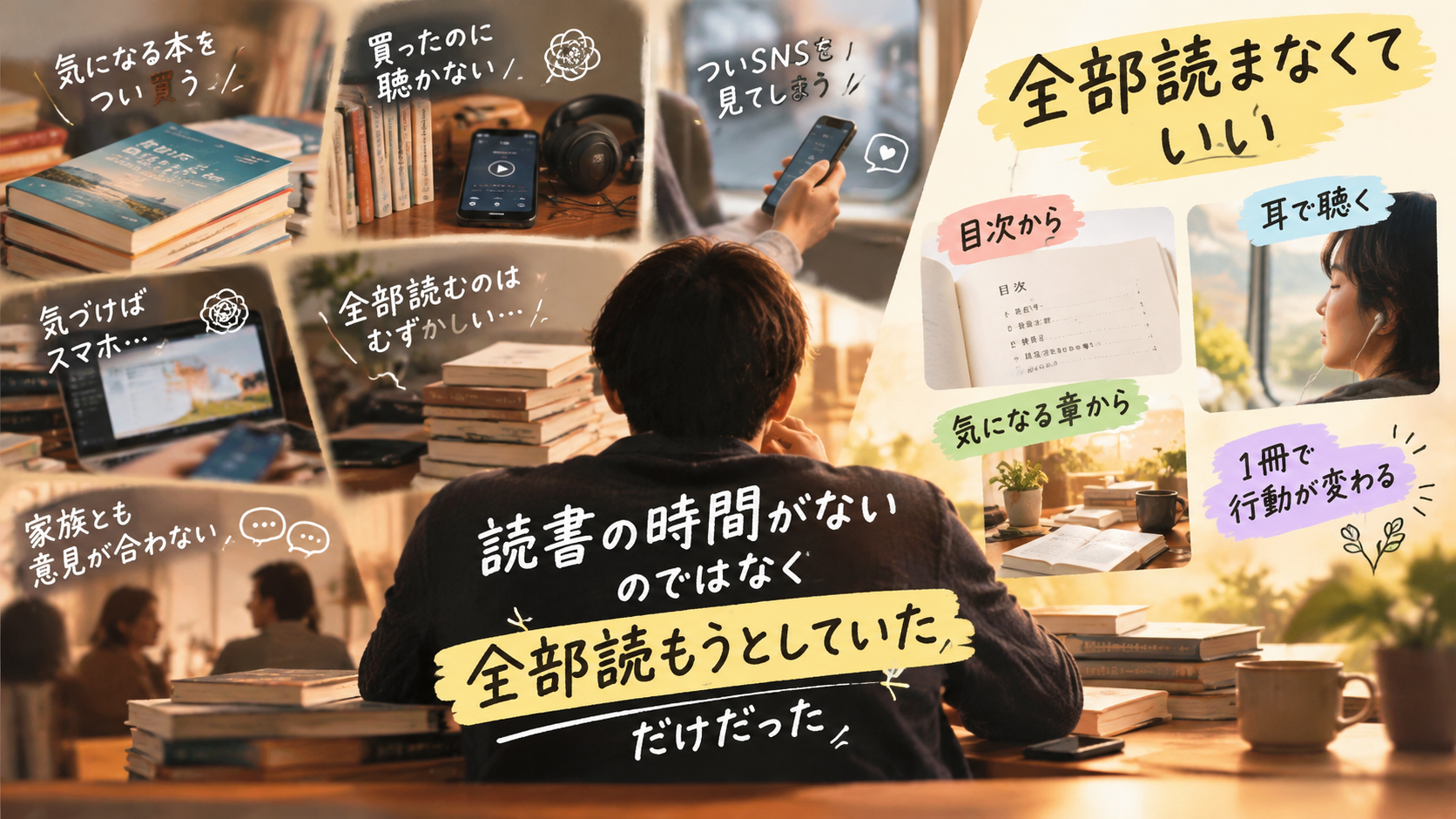 読書の時間がない社会人に向けて、目次から気になる章だけ読む、移動中は耳で聴く、1冊で1つ変われば十分とする、という読み方を整理した図解