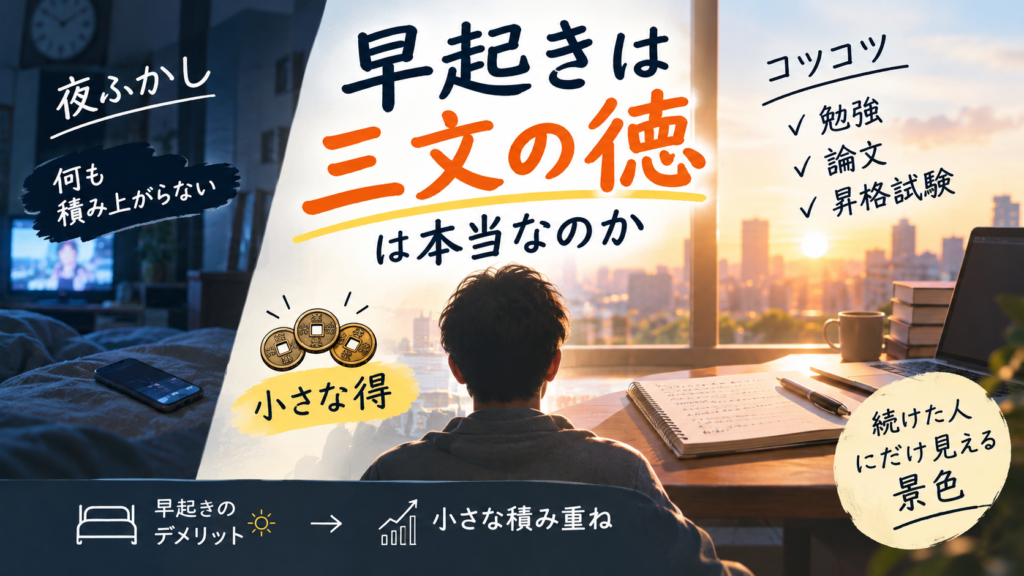 「早起きは三文の徳」は本当かという問いに、1日の得は三文ほど小さいが、続けると積み上がって見えてくる、という答えを整理した図解