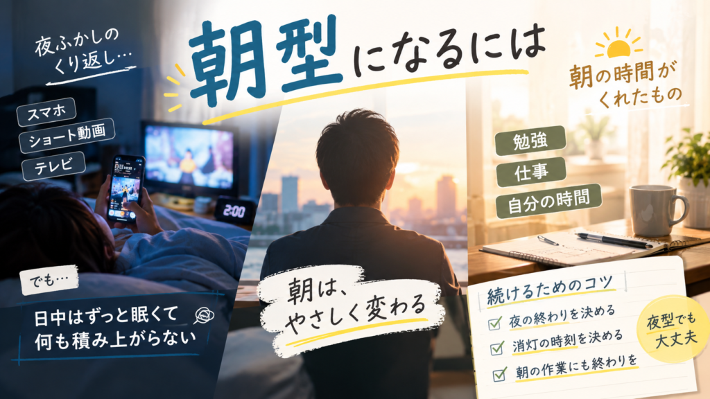 朝型になるには、起きる時刻より先に夜の終わりの時刻を決める、という考え方を、夜型の夜と朝型の朝を対比して整理した図解