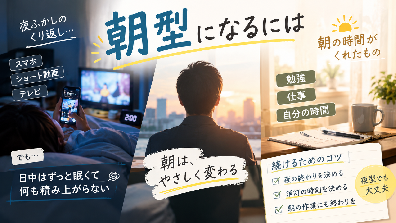 朝型になるには、起きる時刻より先に夜の終わりの時刻を決める、という考え方を、夜型の夜と朝型の朝を対比して整理した図解