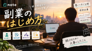 note副業の始め方を、自己紹介・無料記事・数字を見る・有料記事の4つの段階で順番に並べて整理した図解