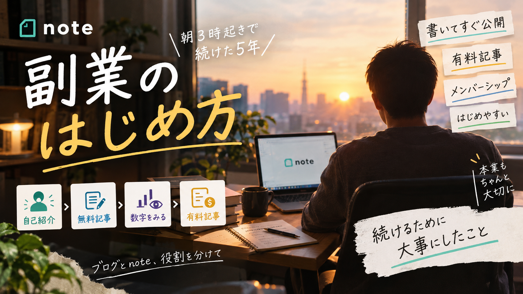 note副業の始め方を、自己紹介・無料記事・数字を見る・有料記事の4つの段階で順番に並べて整理した図解