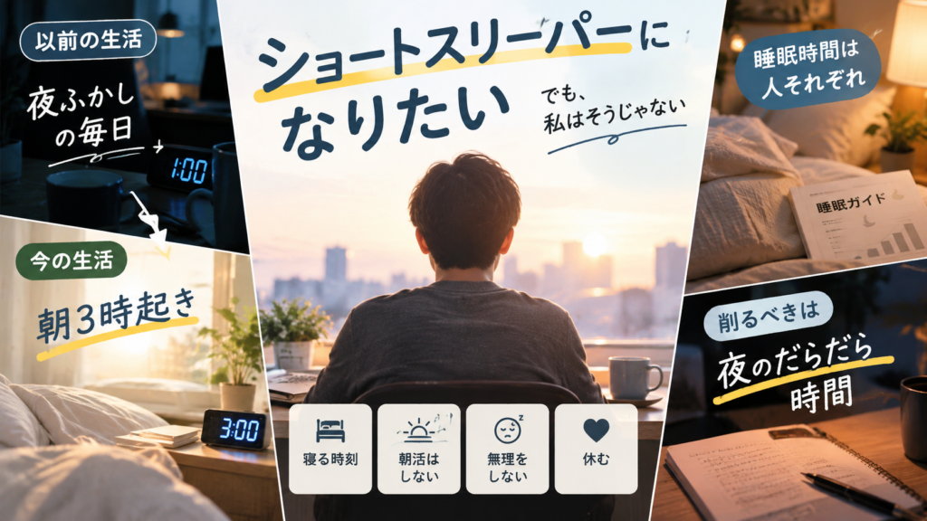 ショートスリーパーになりたいと睡眠を削る夜と、寝る時刻を前に動かして朝3時に起きる生活を左右に並べて比べた図解