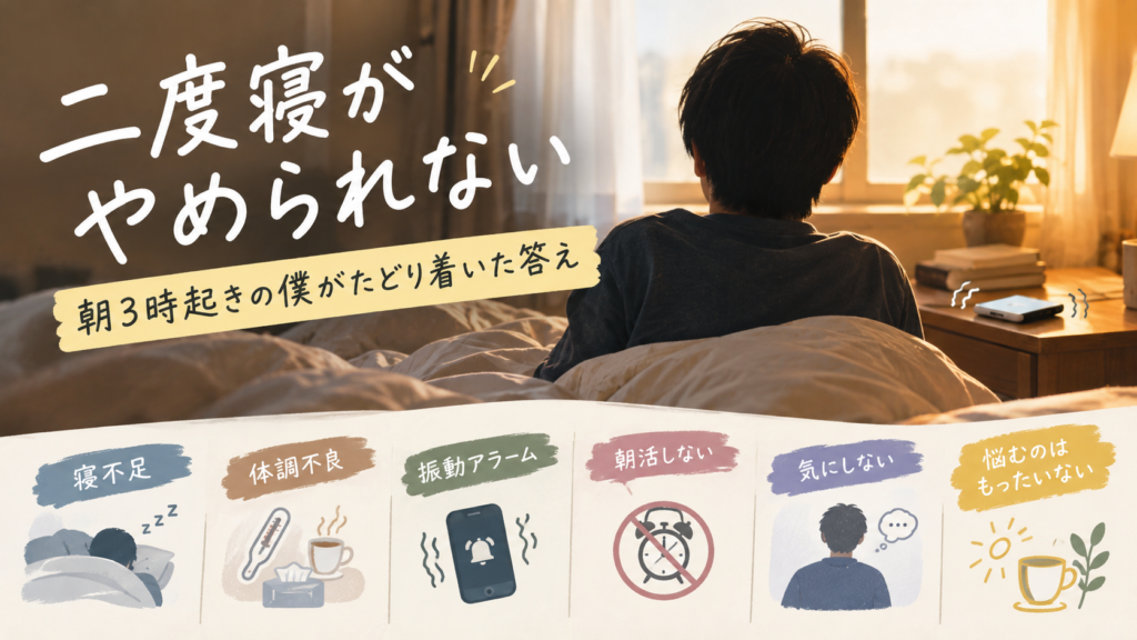 二度寝がやめられない朝に、5時と5時10分の2つのアラームを並べて二度寝しても起きられるようにした工夫を表した図解