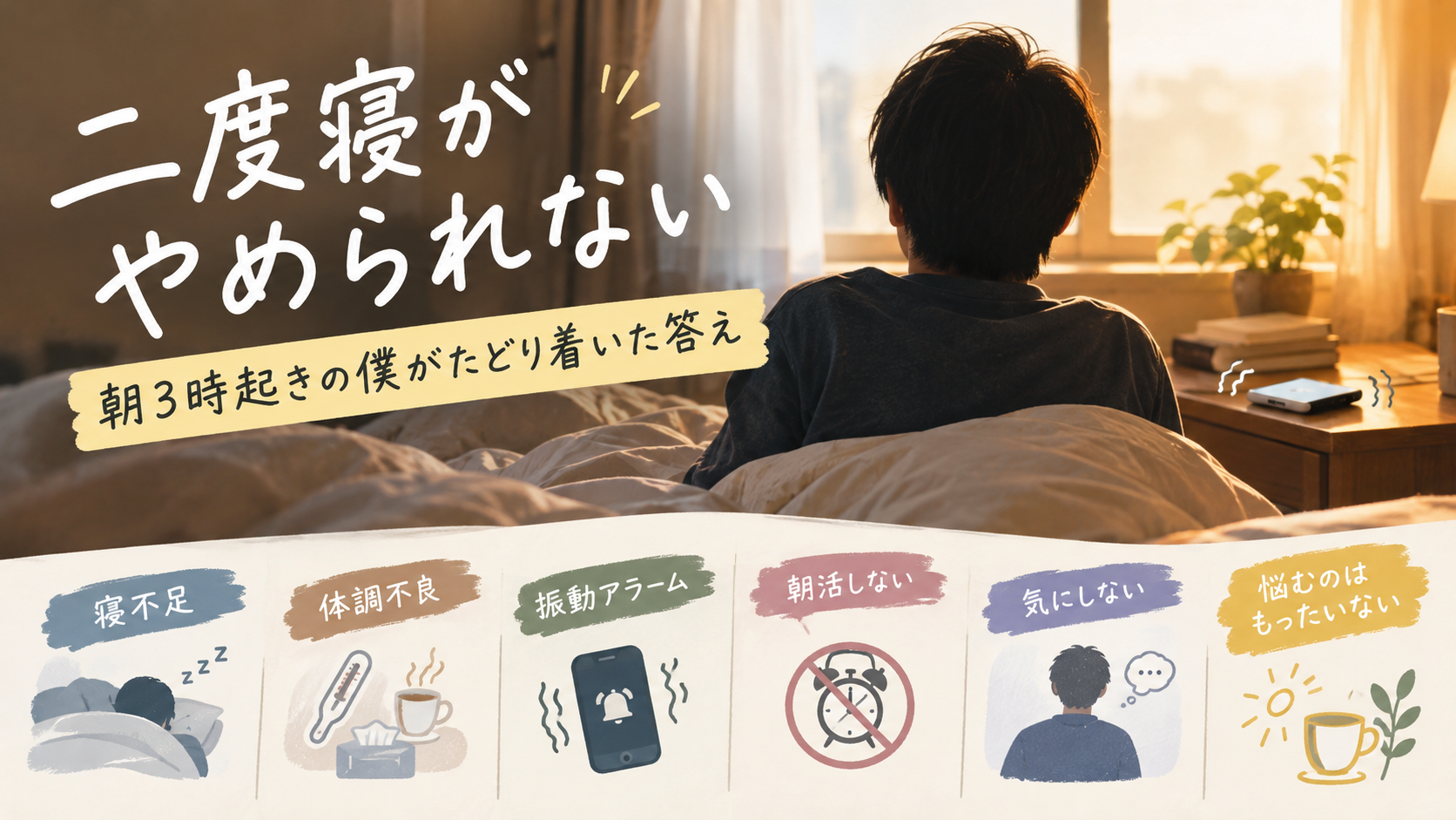 二度寝がやめられない朝に、5時と5時10分の2つのアラームを並べて二度寝しても起きられるようにした工夫を表した図解
