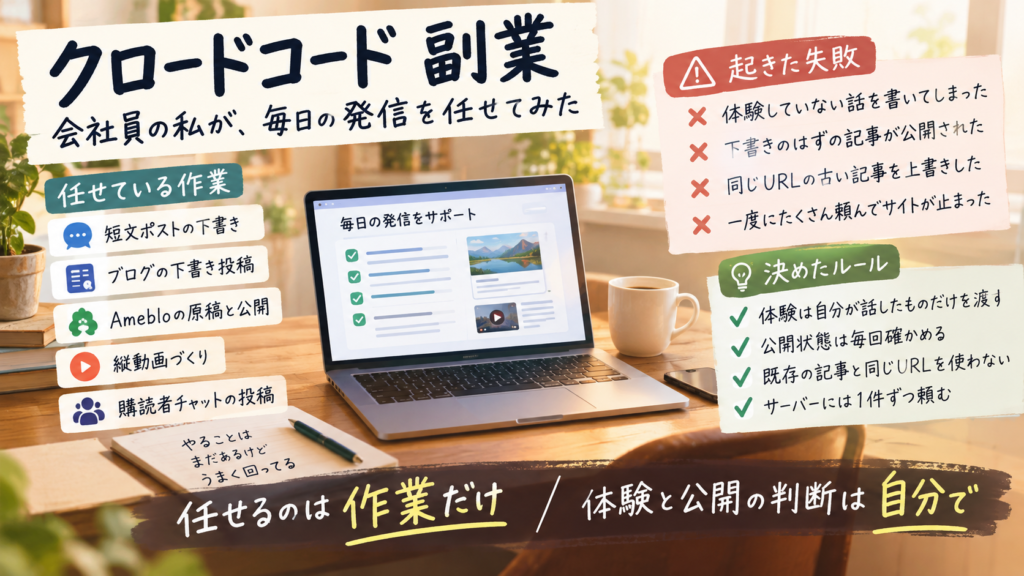 クロードコード(Claude Code)で副業の発信作業を任せる会社員の、任せている作業と自分の手に残している判断を左右に分けて整理した図解