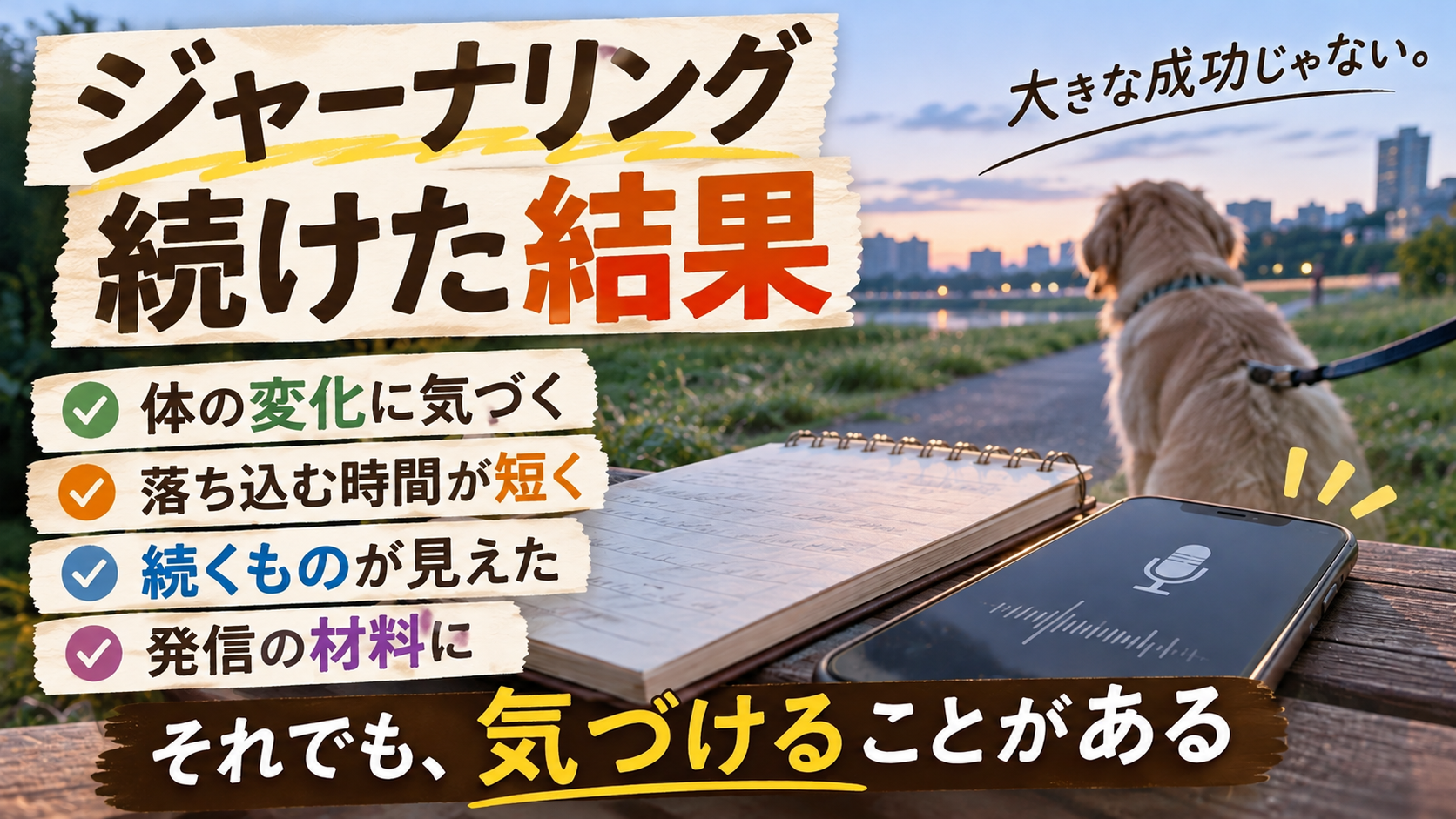 ジャーナリングを続けた結果、体の変化に早く気づき、発信の材料が増えたことを整理した図解
