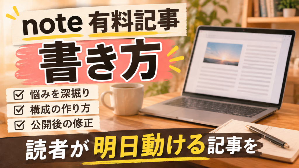 note有料記事の書き方として、競合を見る、芯を1つ決める、無料部分と有料部分を分ける手順を整理した図解