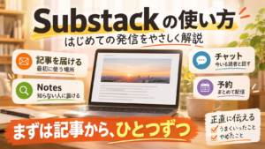 Substackの使い方を、記事・Notes・チャットの3つの役割に分けて順番に整理した図解